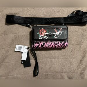 Ed Hardy Rose Design NWT Trendy Guitar strap, wristlet, wallet, crossbody